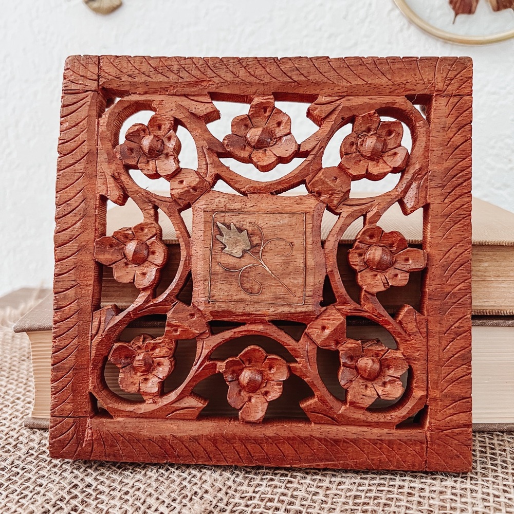Vintage Intricate Hand Carved Square Trivet with Gold Flower Inlay